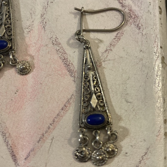 925 Sterling Silver Lapis Lazuli Dangle Drop Earrings Blue Bohemian - Picture 3 of 6